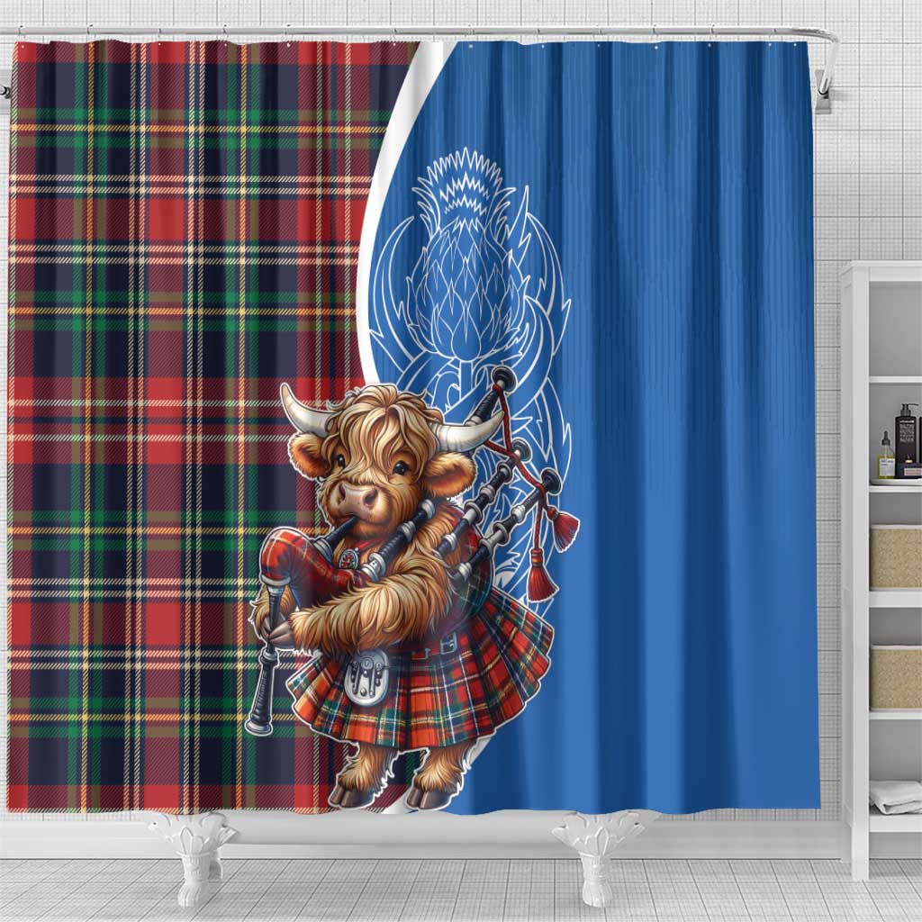 Scottish Tartan Shower Curtain Highland Cow Playing Bagpipes