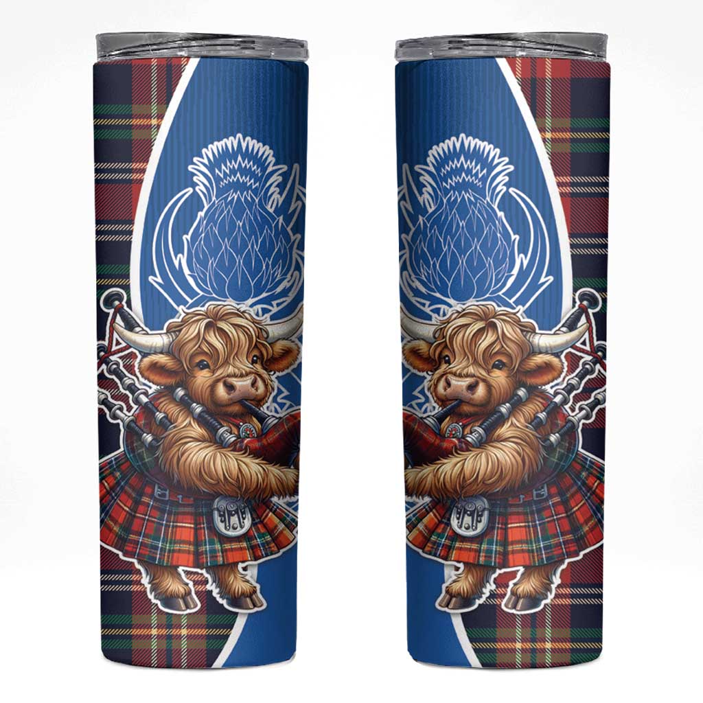 Scottish Tartan Skinny Tumbler Highland Cow Playing Bagpipes