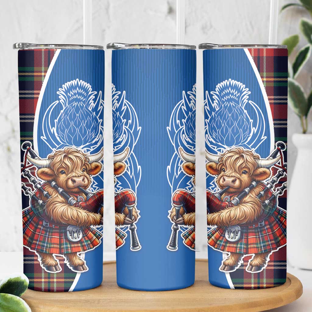 Scottish Tartan Skinny Tumbler Highland Cow Playing Bagpipes