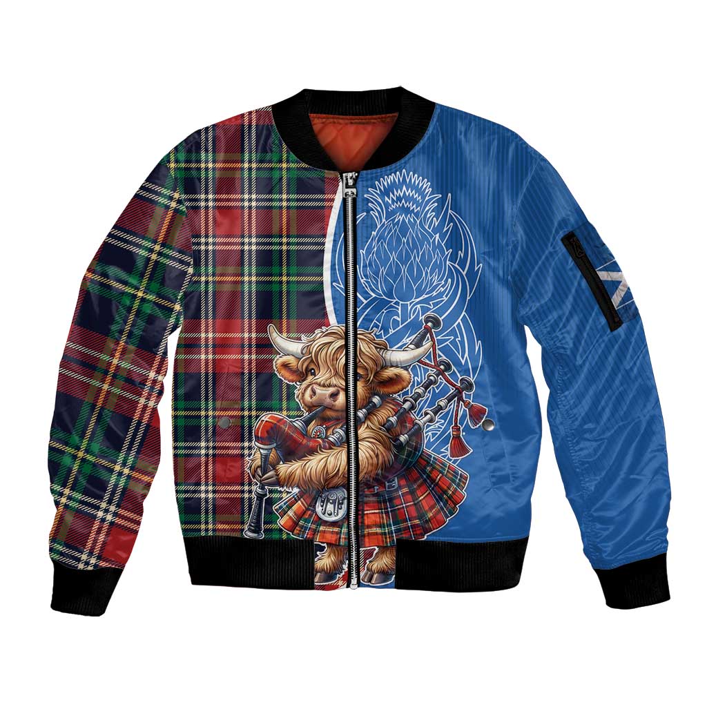 Scottish Tartan Sleeve Zip Bomber Jacket Highland Cow Playing Bagpipes