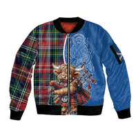 Scottish Tartan Sleeve Zip Bomber Jacket Highland Cow Playing Bagpipes