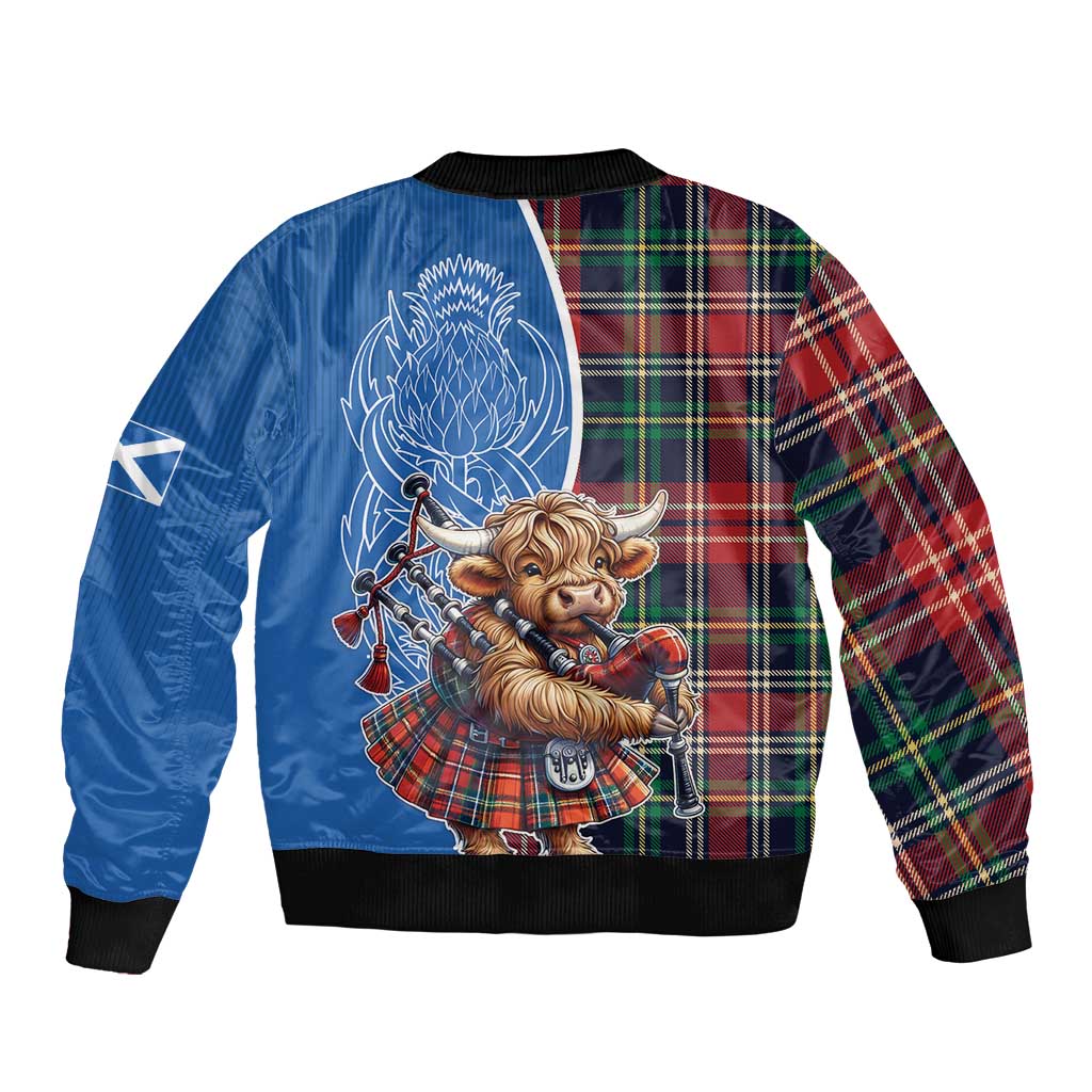 Scottish Tartan Sleeve Zip Bomber Jacket Highland Cow Playing Bagpipes