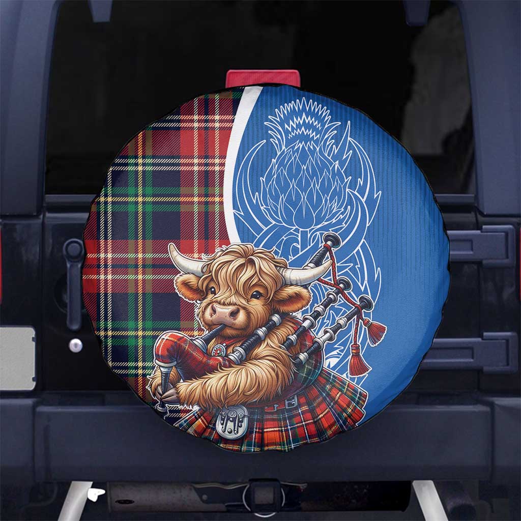 Scottish Tartan Spare Tire Cover Highland Cow Playing Bagpipes