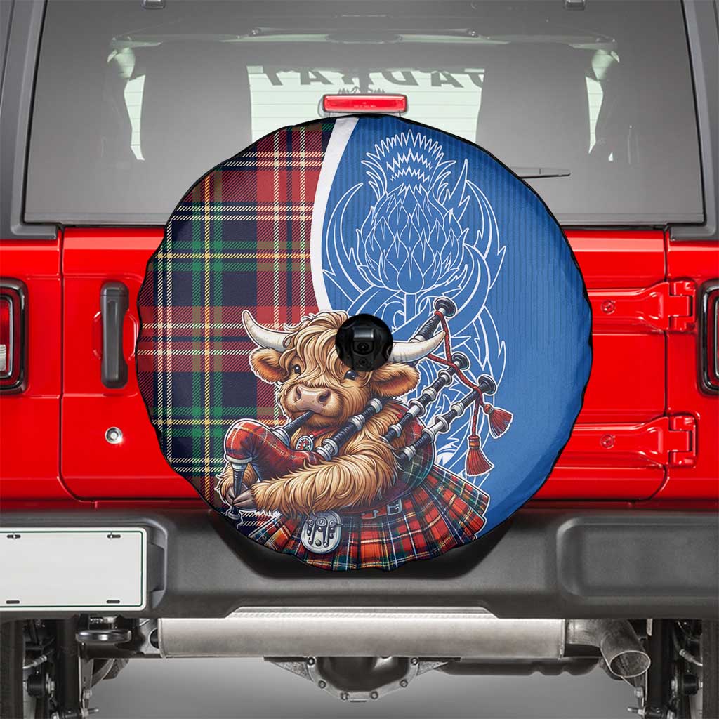 Scottish Tartan Spare Tire Cover Highland Cow Playing Bagpipes