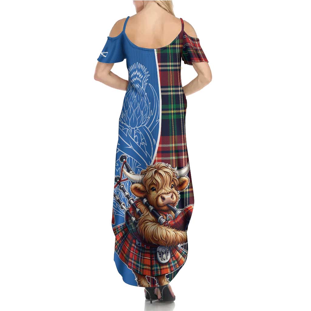 Scottish Tartan Summer Maxi Dress Highland Cow Playing Bagpipes