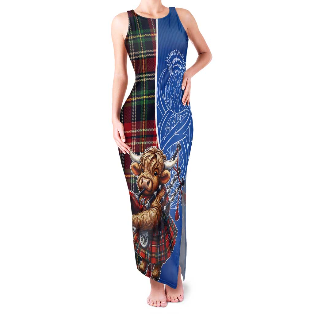 Scottish Tartan Tank Maxi Dress Highland Cow Playing Bagpipes