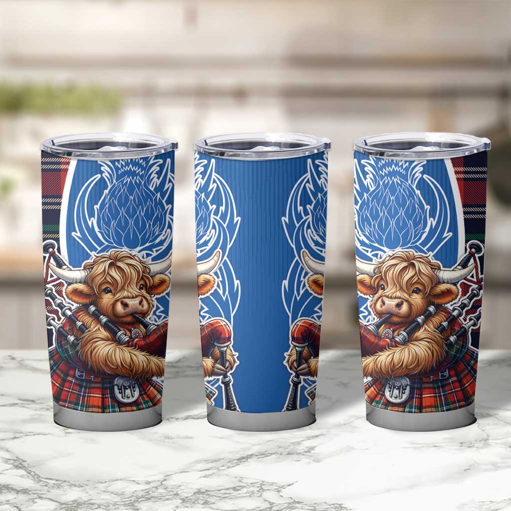 Scottish Tartan Tumbler Cup Highland Cow Playing Bagpipes