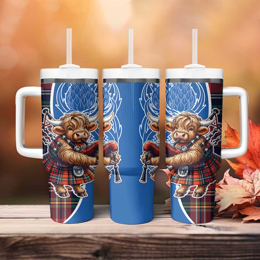 Scottish Tartan Tumbler With Handle Highland Cow Playing Bagpipes