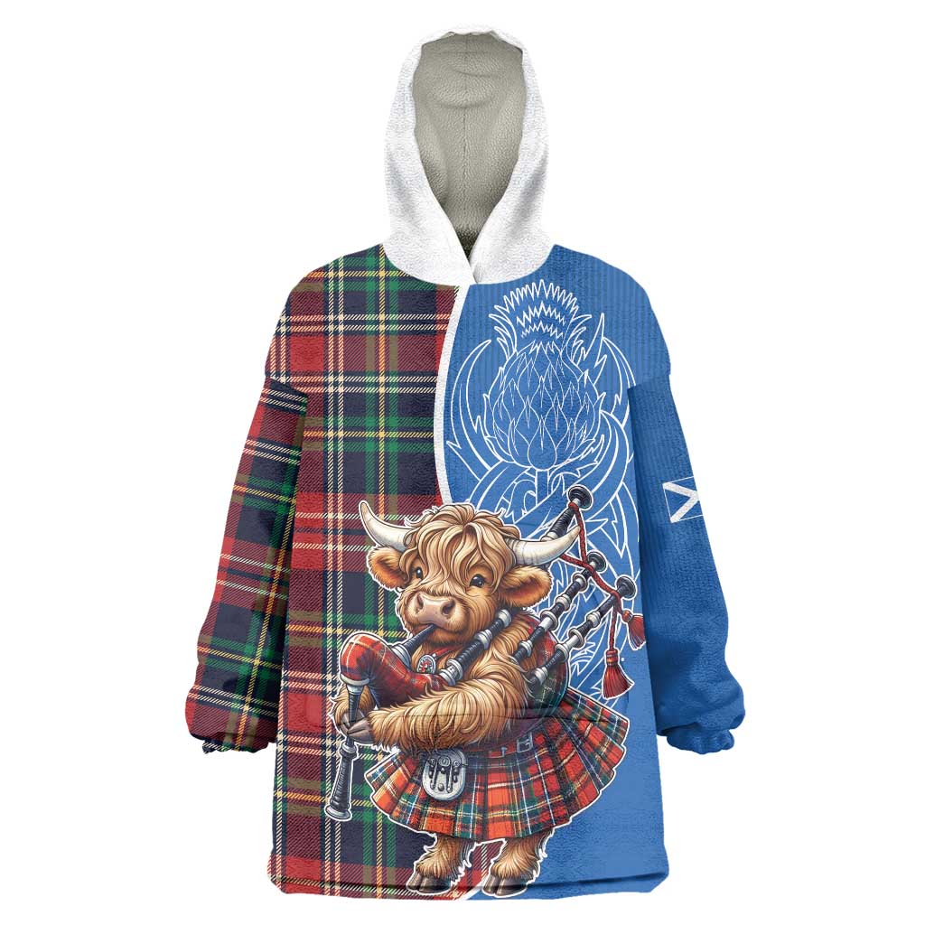 Scottish Tartan Wearable Blanket Hoodie Highland Cow Playing Bagpipes