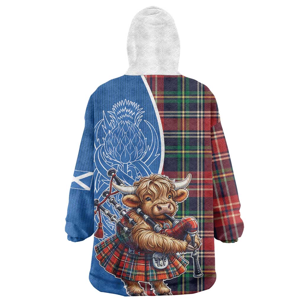 Scottish Tartan Wearable Blanket Hoodie Highland Cow Playing Bagpipes