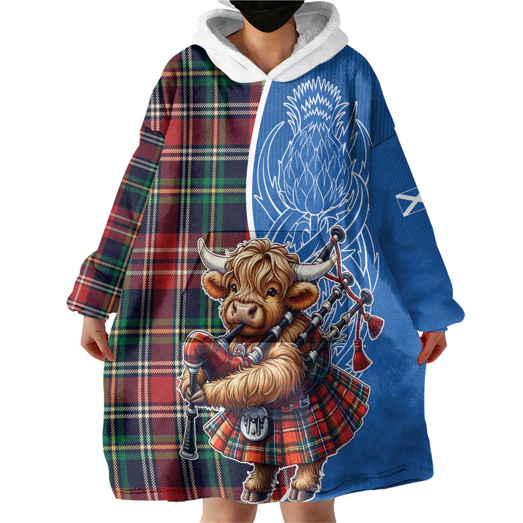 Scottish Tartan Wearable Blanket Hoodie Highland Cow Playing Bagpipes