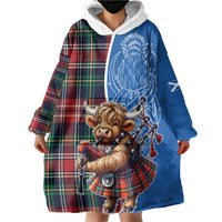 Scottish Tartan Wearable Blanket Hoodie Highland Cow Playing Bagpipes