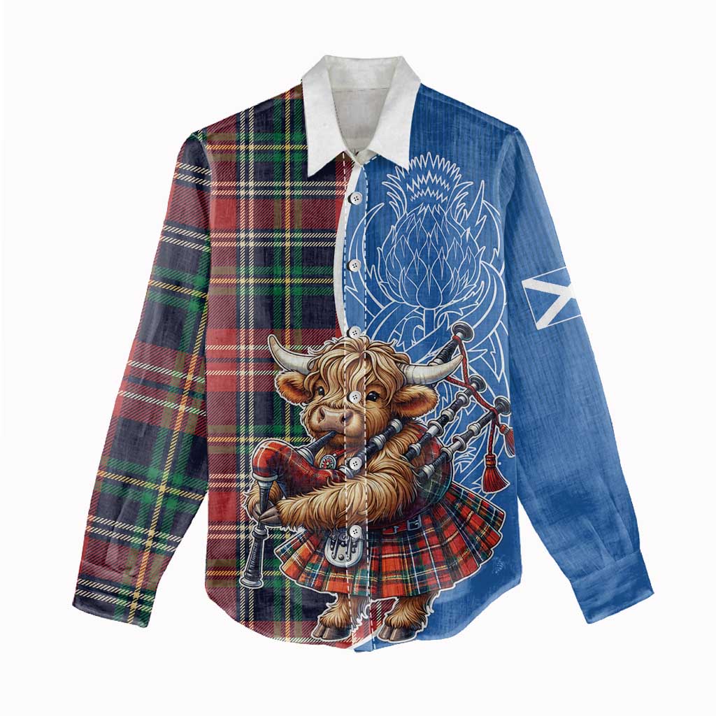Scottish Tartan Women Casual Shirt Highland Cow Playing Bagpipes