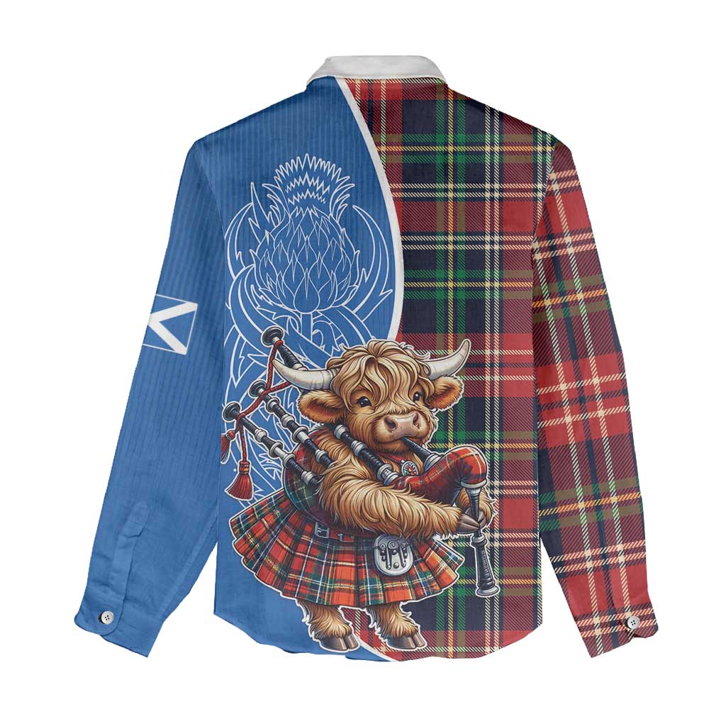 Scottish Tartan Women Casual Shirt Highland Cow Playing Bagpipes