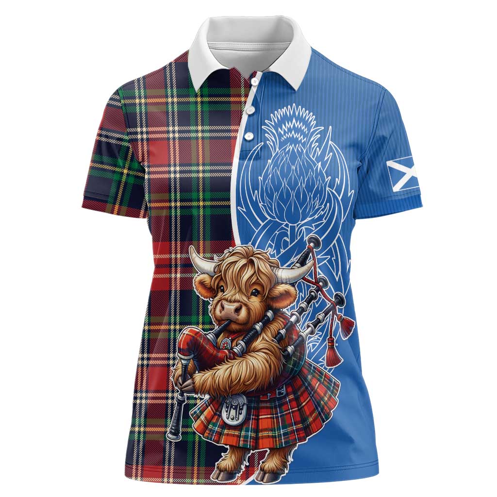 Scottish Tartan Women Polo Shirt Highland Cow Playing Bagpipes