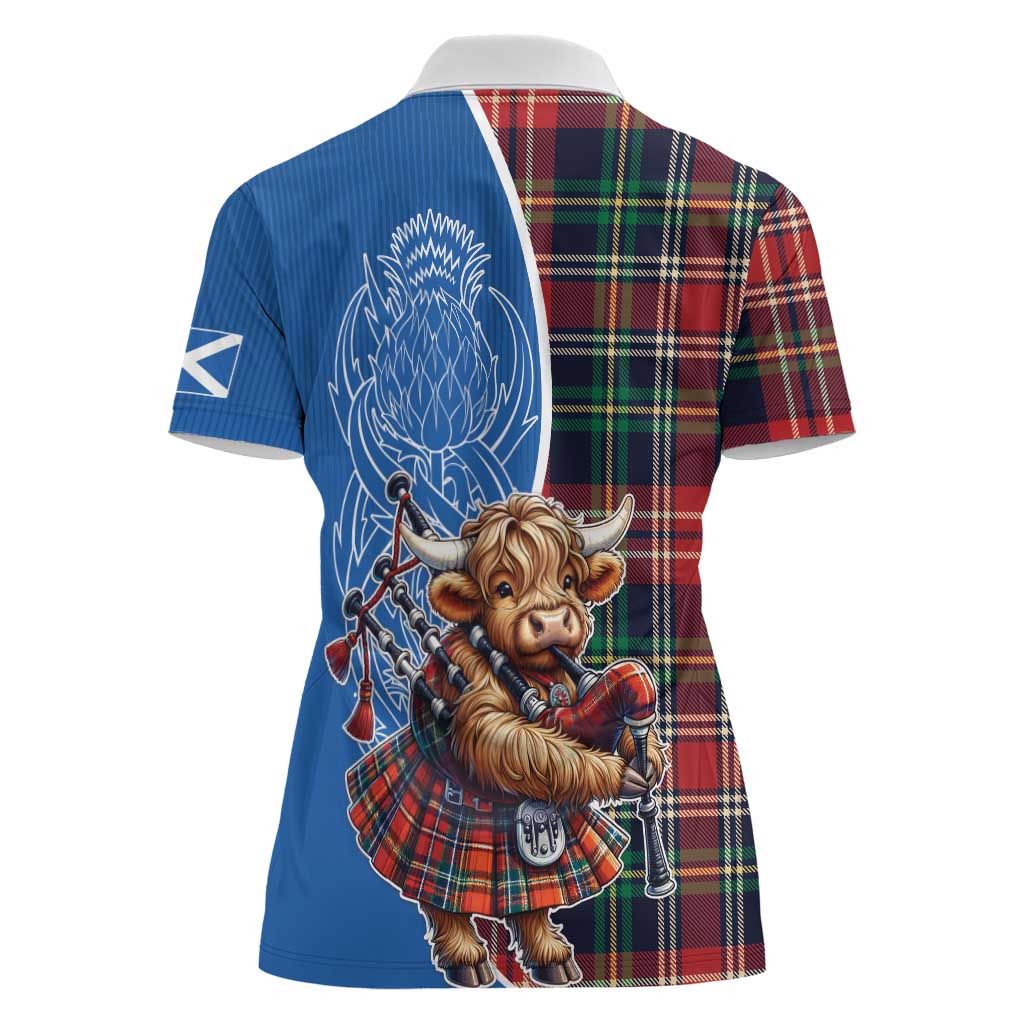 Scottish Tartan Women Polo Shirt Highland Cow Playing Bagpipes