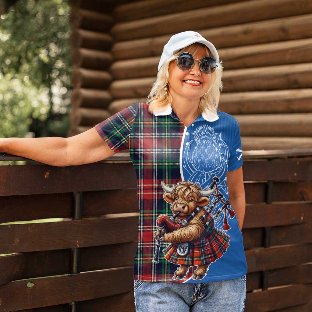 Scottish Tartan Women Polo Shirt Highland Cow Playing Bagpipes