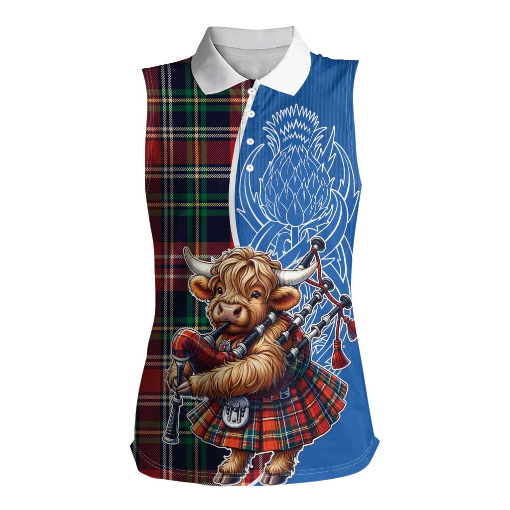 Scottish Tartan Women Sleeveless Polo Shirt Highland Cow Playing Bagpipes