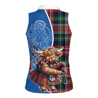 Scottish Tartan Women Sleeveless Polo Shirt Highland Cow Playing Bagpipes