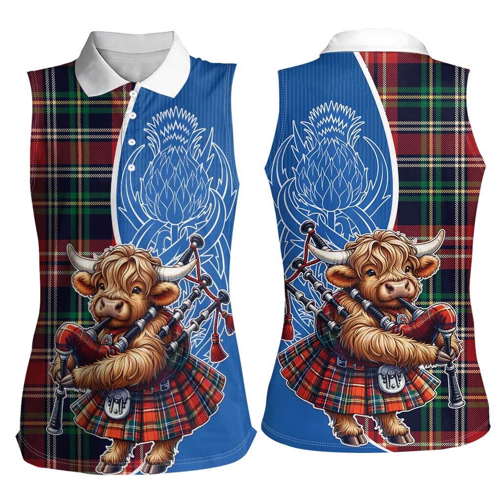 Scottish Tartan Women Sleeveless Polo Shirt Highland Cow Playing Bagpipes