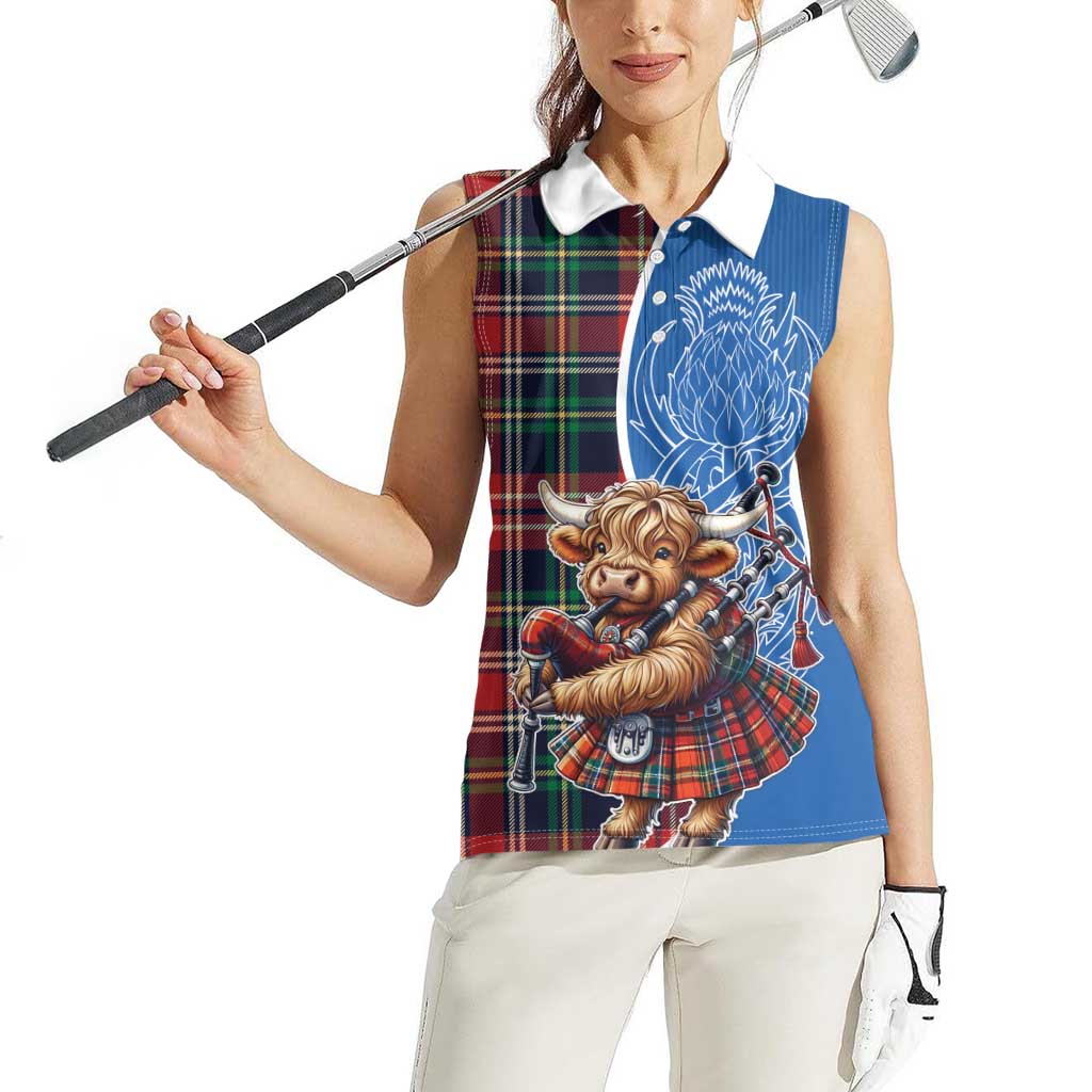 Scottish Tartan Women Sleeveless Polo Shirt Highland Cow Playing Bagpipes