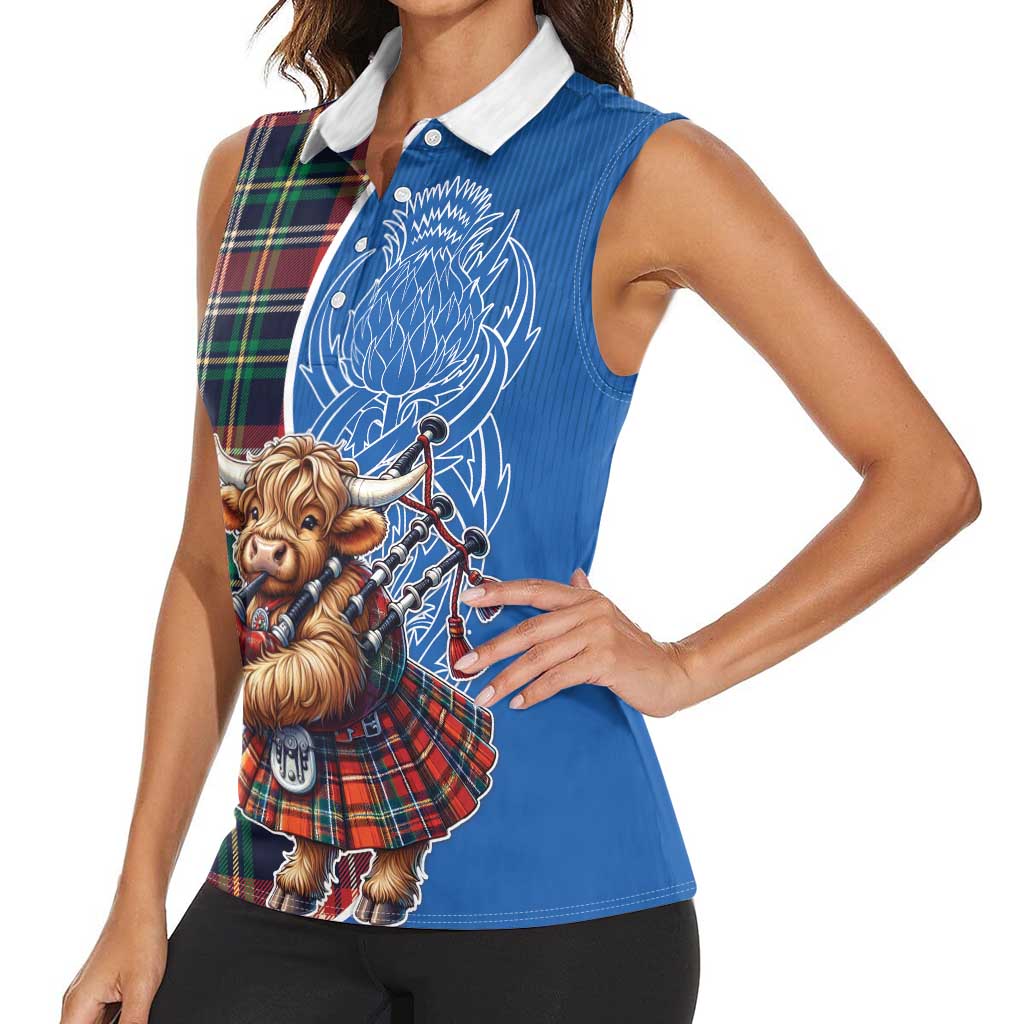 Scottish Tartan Women Sleeveless Polo Shirt Highland Cow Playing Bagpipes