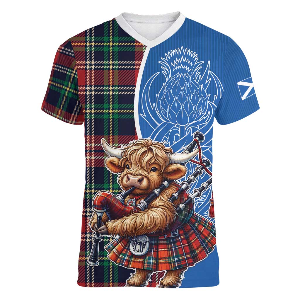 Scottish Tartan Women V-Neck T-Shirt Highland Cow Playing Bagpipes