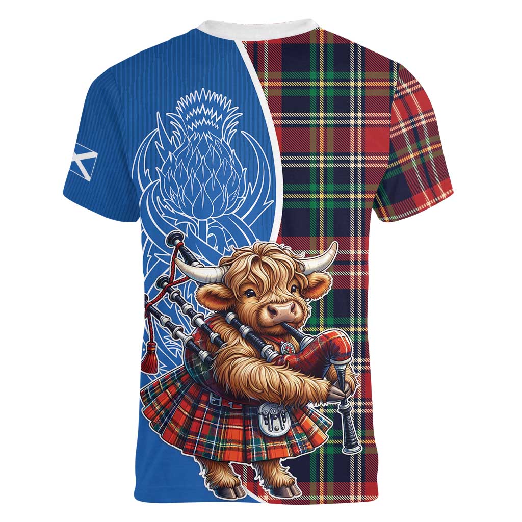 Scottish Tartan Women V-Neck T-Shirt Highland Cow Playing Bagpipes