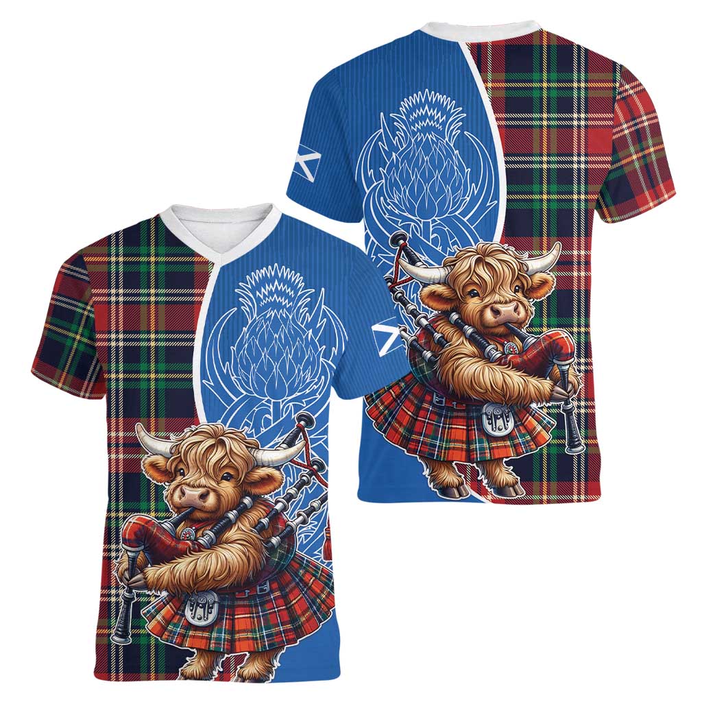 Scottish Tartan Women V-Neck T-Shirt Highland Cow Playing Bagpipes