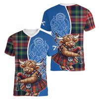 Scottish Tartan Women V-Neck T-Shirt Highland Cow Playing Bagpipes
