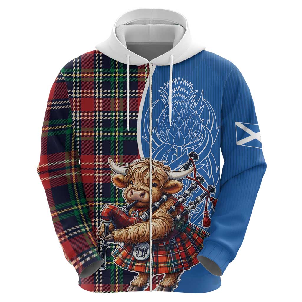 Scottish Tartan Zip Hoodie Highland Cow Playing Bagpipes
