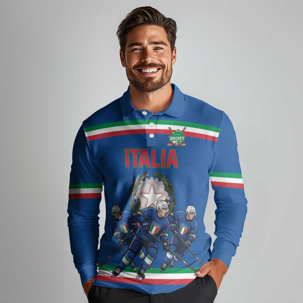 Italy Hockey Custom Long Sleeve Polo Shirt Italia Hockey Pride Vintage Blue