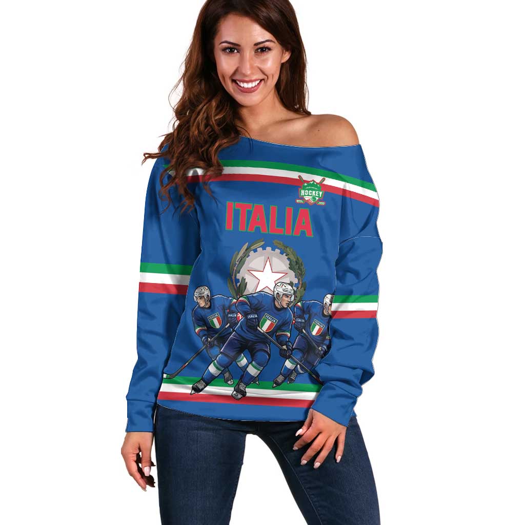 Italy Hockey Custom Off Shoulder Sweater Italia Hockey Pride Vintage Blue