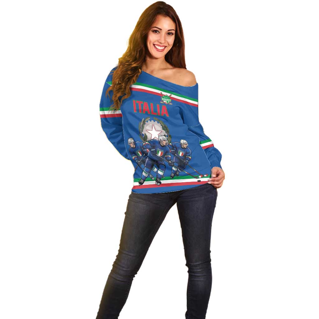 Italy Hockey Custom Off Shoulder Sweater Italia Hockey Pride Vintage Blue