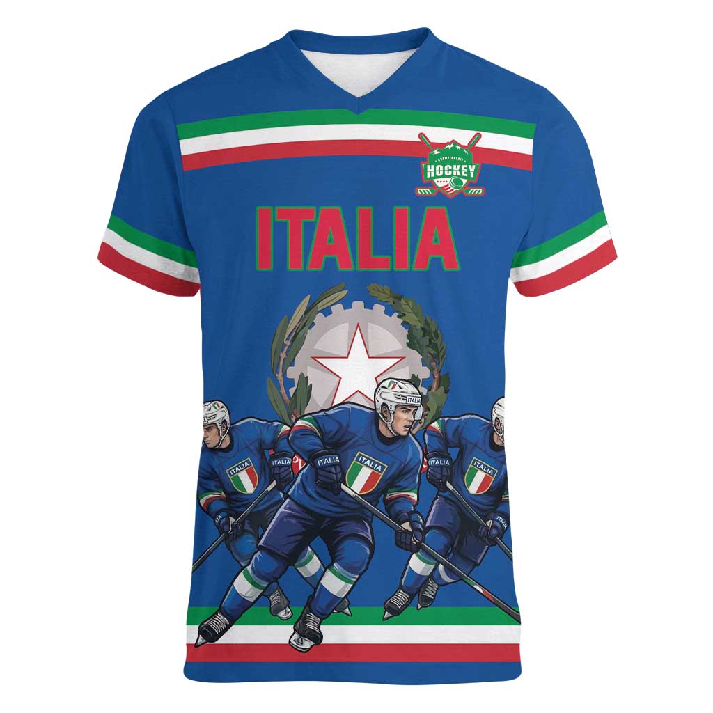Italy Hockey Custom Women V-Neck T-Shirt Italia Hockey Pride Vintage Blue