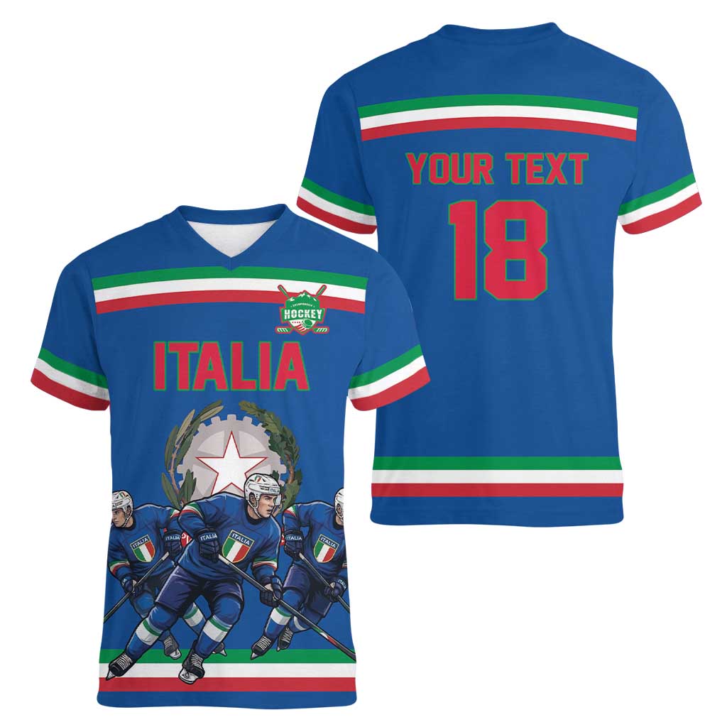Italy Hockey Custom Women V-Neck T-Shirt Italia Hockey Pride Vintage Blue