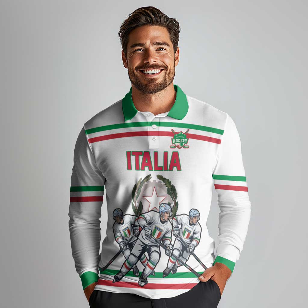 Italy Hockey Custom Long Sleeve Polo Shirt Italia Hockey Pride Vintage White