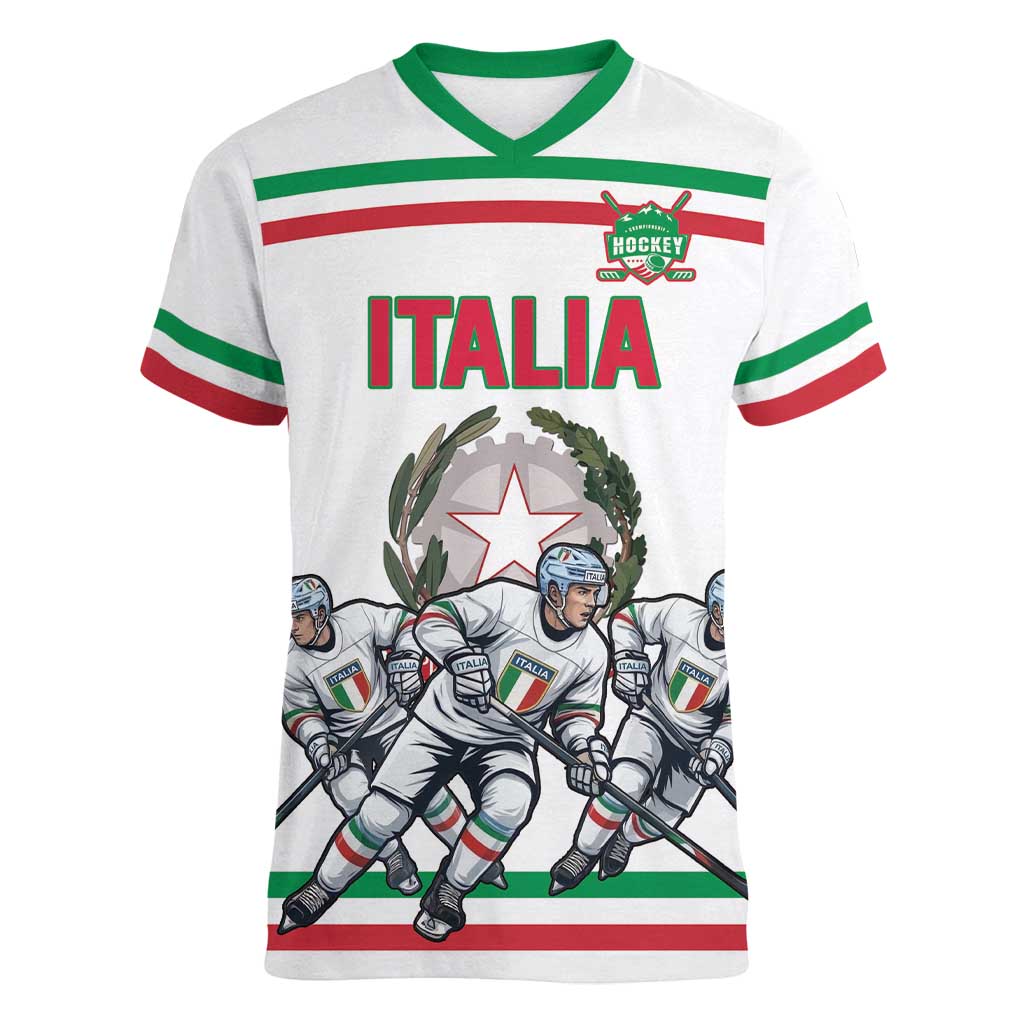 Italy Hockey Custom Women V-Neck T-Shirt Italia Hockey Pride Vintage White