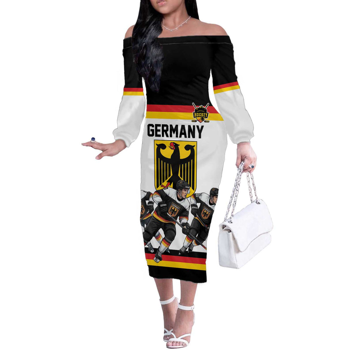 Germany Hockey Custom Off The Shoulder Long Sleeve Dress German Eagle Hockey Pride