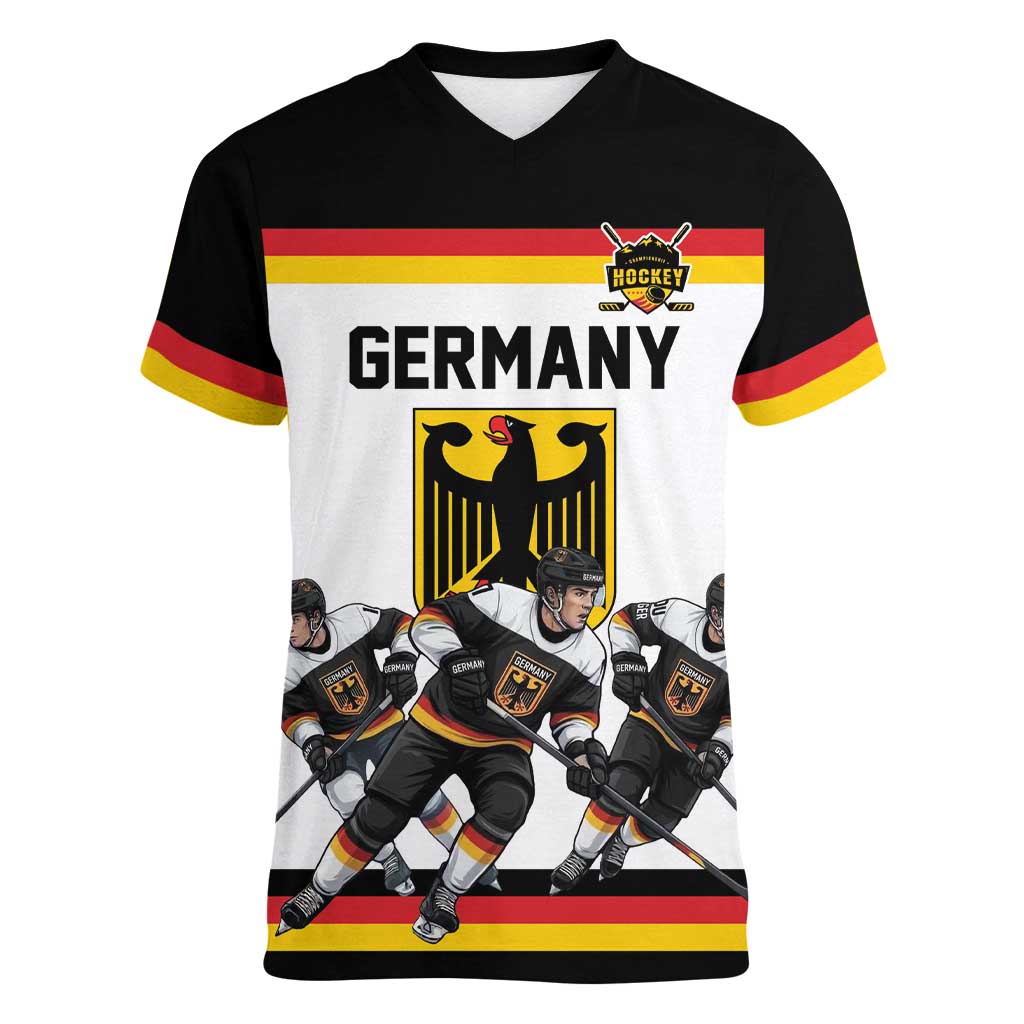 Germany Hockey Custom Women V-Neck T-Shirt German Eagle Hockey Pride