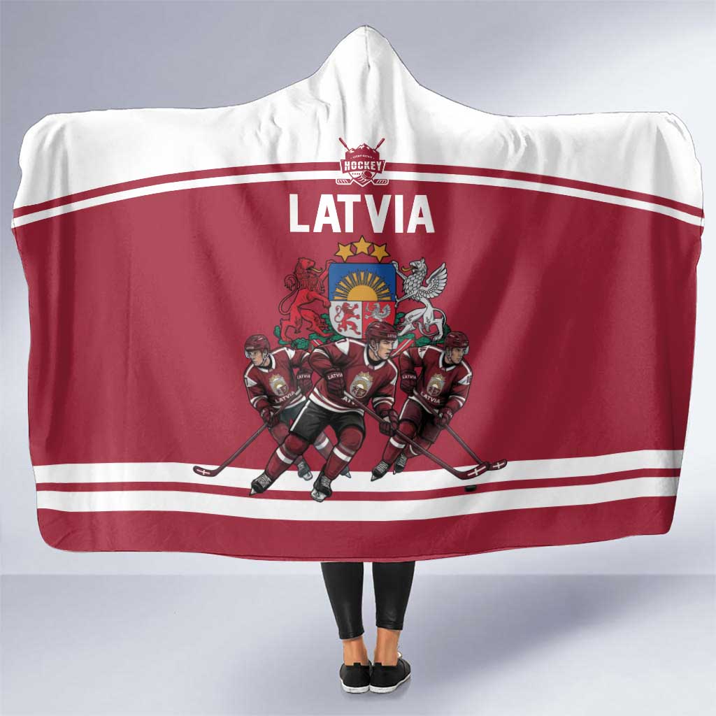 Latvia Hockey Pride Hooded Blanket Baltic Ice Warriors