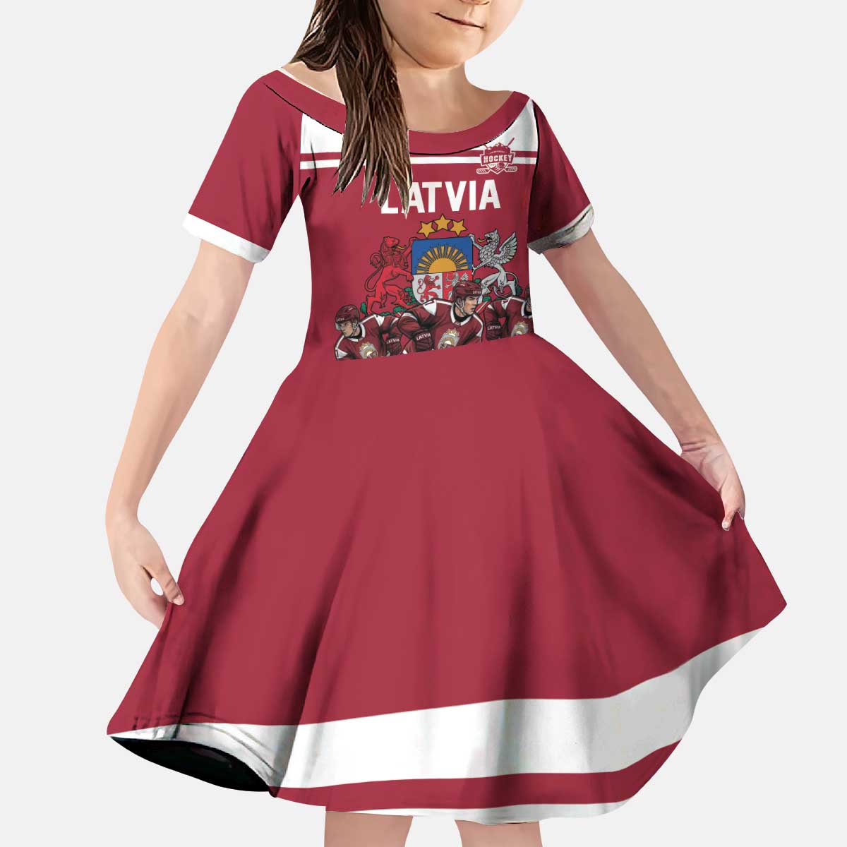 Latvia Hockey Pride Custom Kid Short Sleeve Dress Baltic Ice Warriors