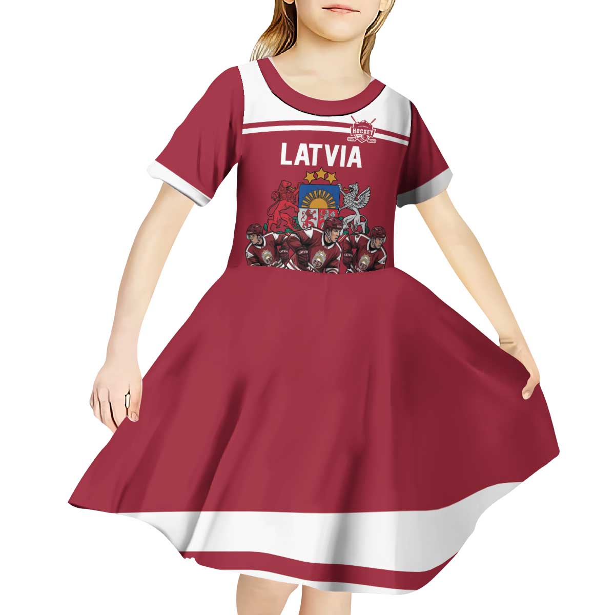 Latvia Hockey Pride Custom Kid Short Sleeve Dress Baltic Ice Warriors