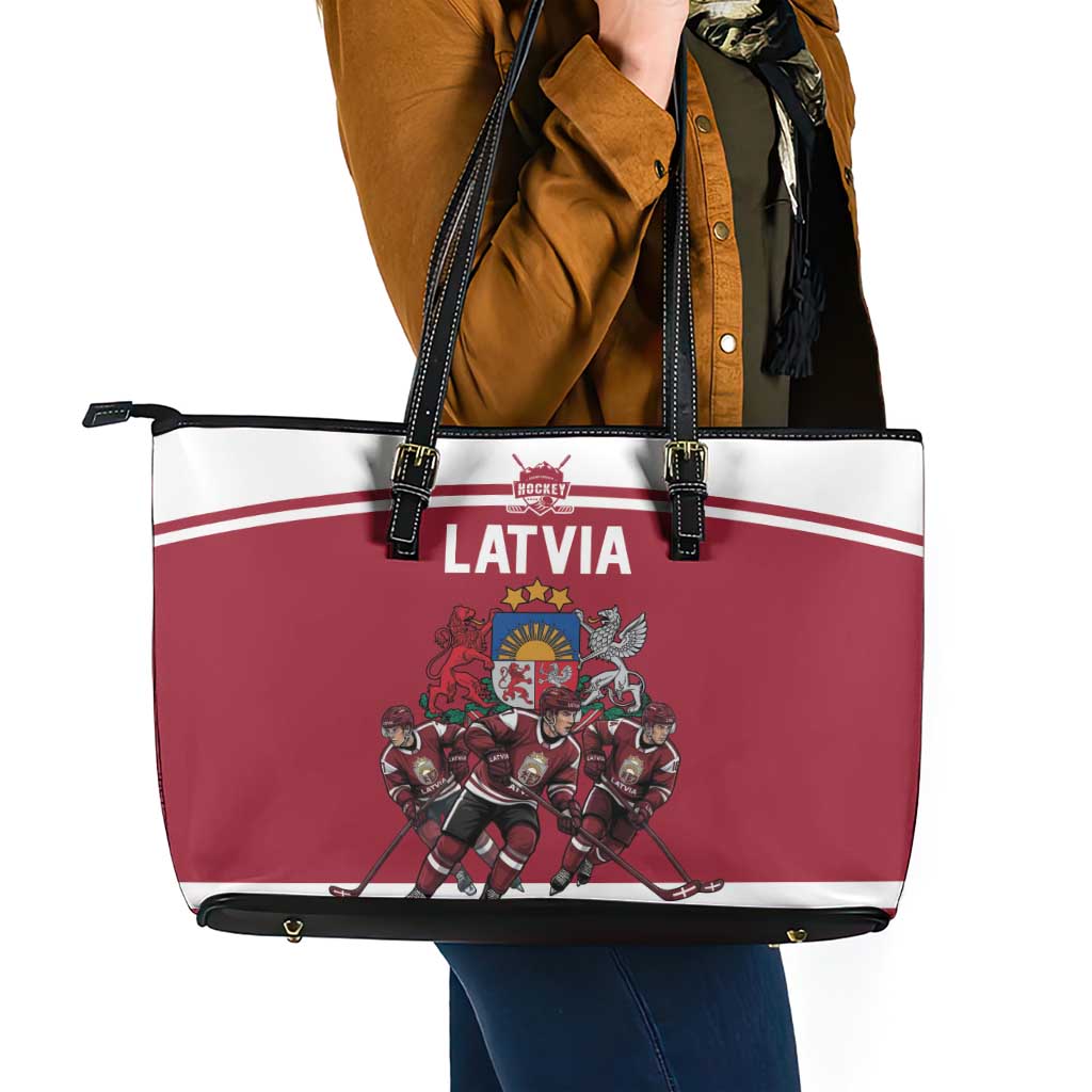 Latvia Hockey Pride Leather Tote Bag Baltic Ice Warriors