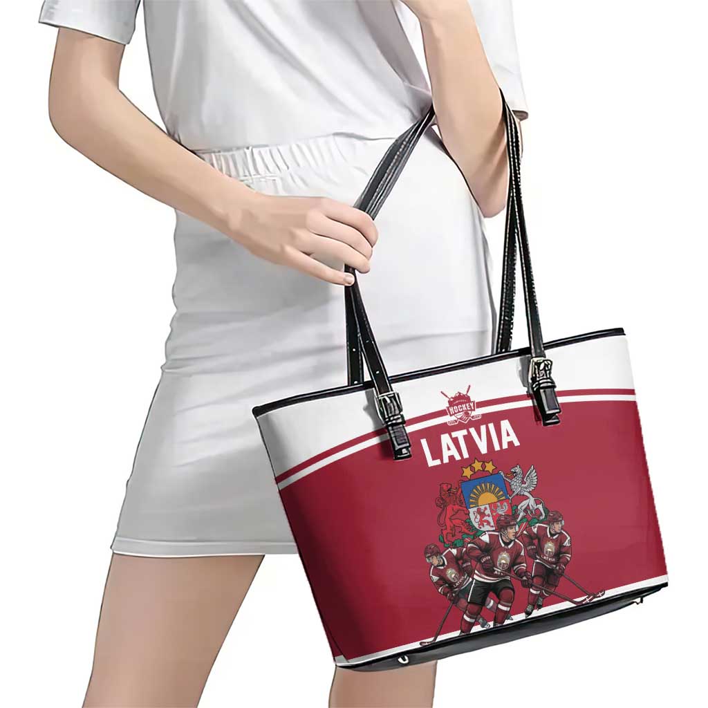 Latvia Hockey Pride Leather Tote Bag Baltic Ice Warriors