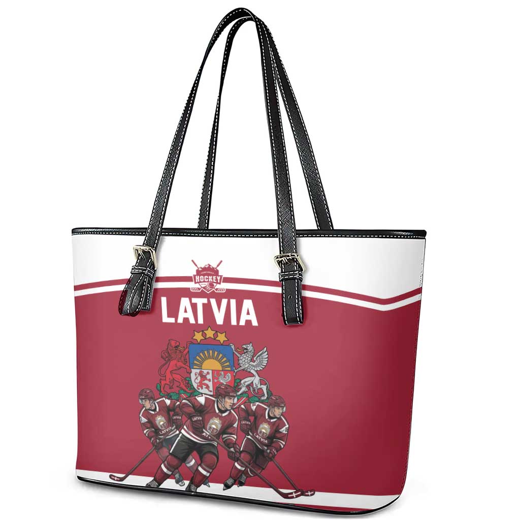 Latvia Hockey Pride Leather Tote Bag Baltic Ice Warriors