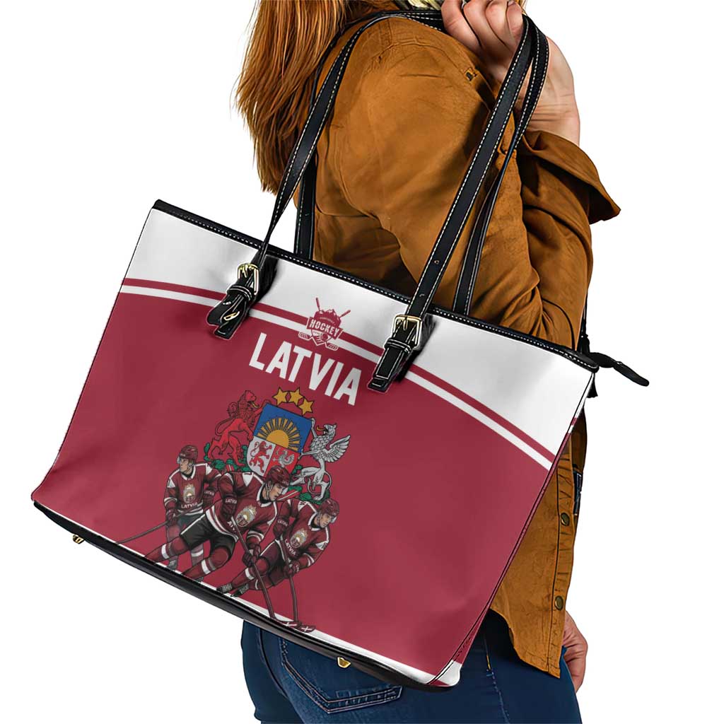 Latvia Hockey Pride Leather Tote Bag Baltic Ice Warriors