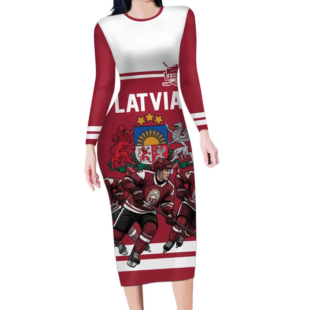 Latvia Hockey Pride Custom Long Sleeve Bodycon Dress Baltic Ice Warriors