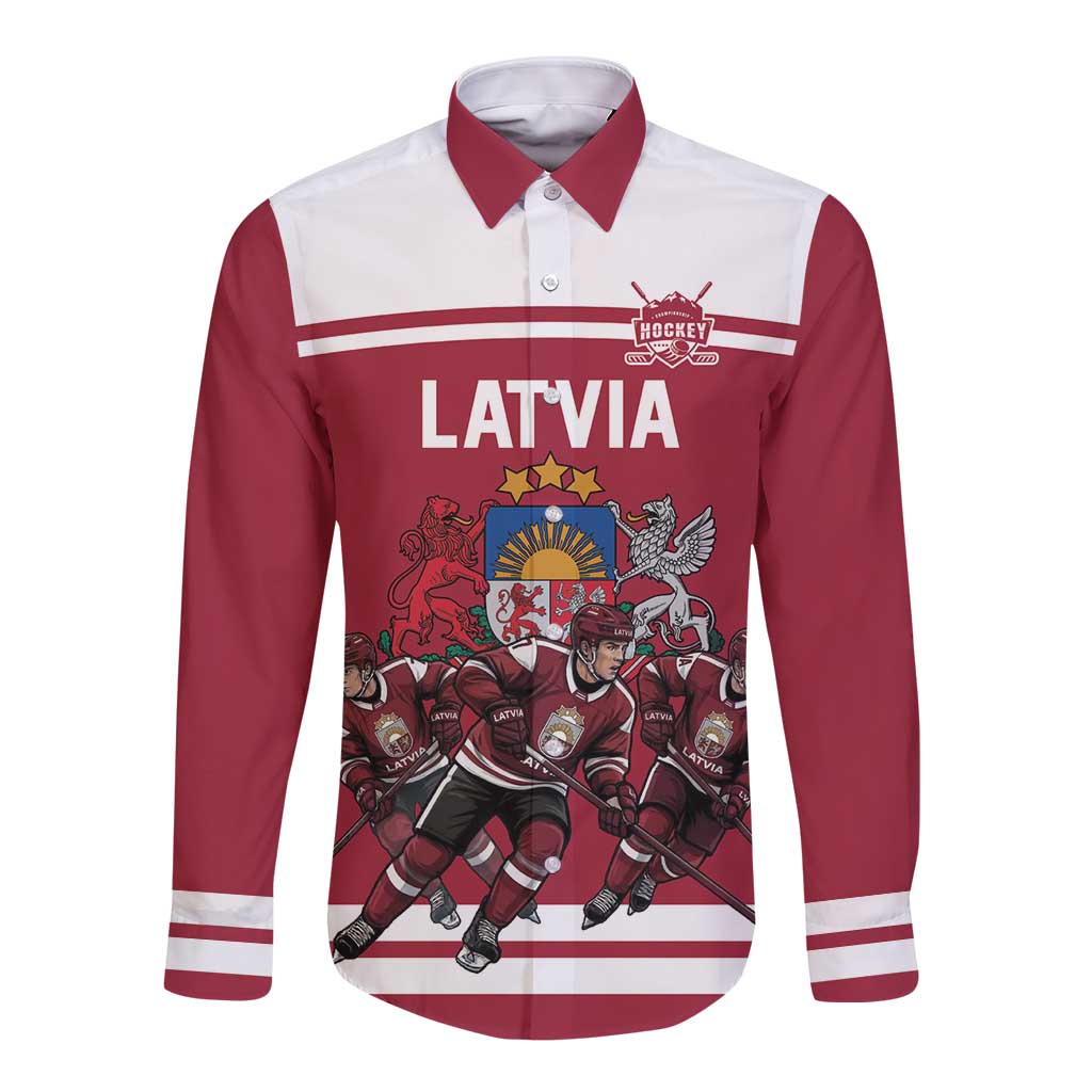 Latvia Hockey Pride Custom Long Sleeve Button Shirt Baltic Ice Warriors