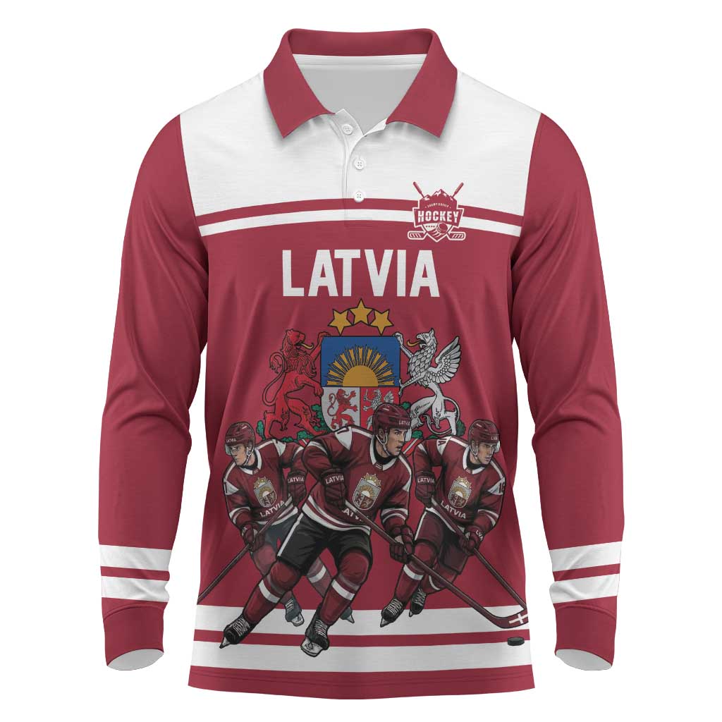 Latvia Hockey Pride Custom Long Sleeve Polo Shirt Baltic Ice Warriors